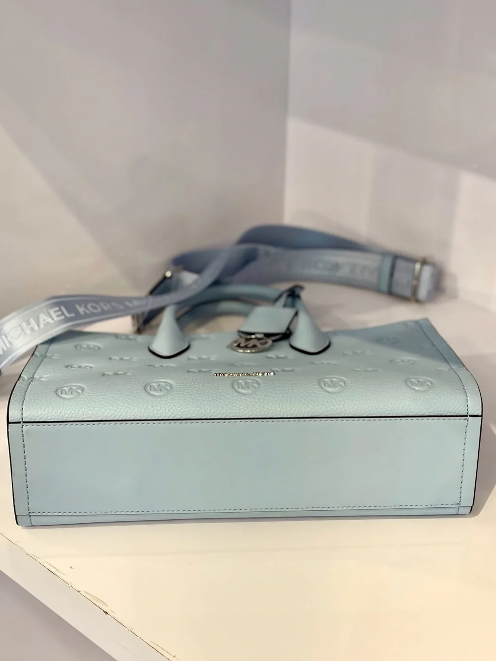Michael Kors Light Blue Embossed MK Satchel with Detachable Strap